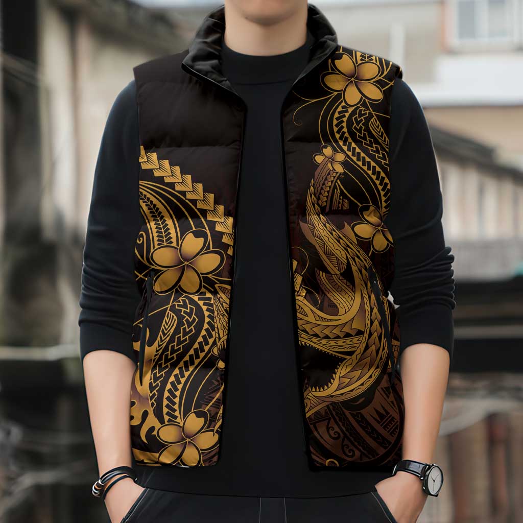 Gold Black Aloha Hawaii Sleeveless Puffer Jacket Polynesian Shark Tattoo With Plumeria - Polynesian Pride