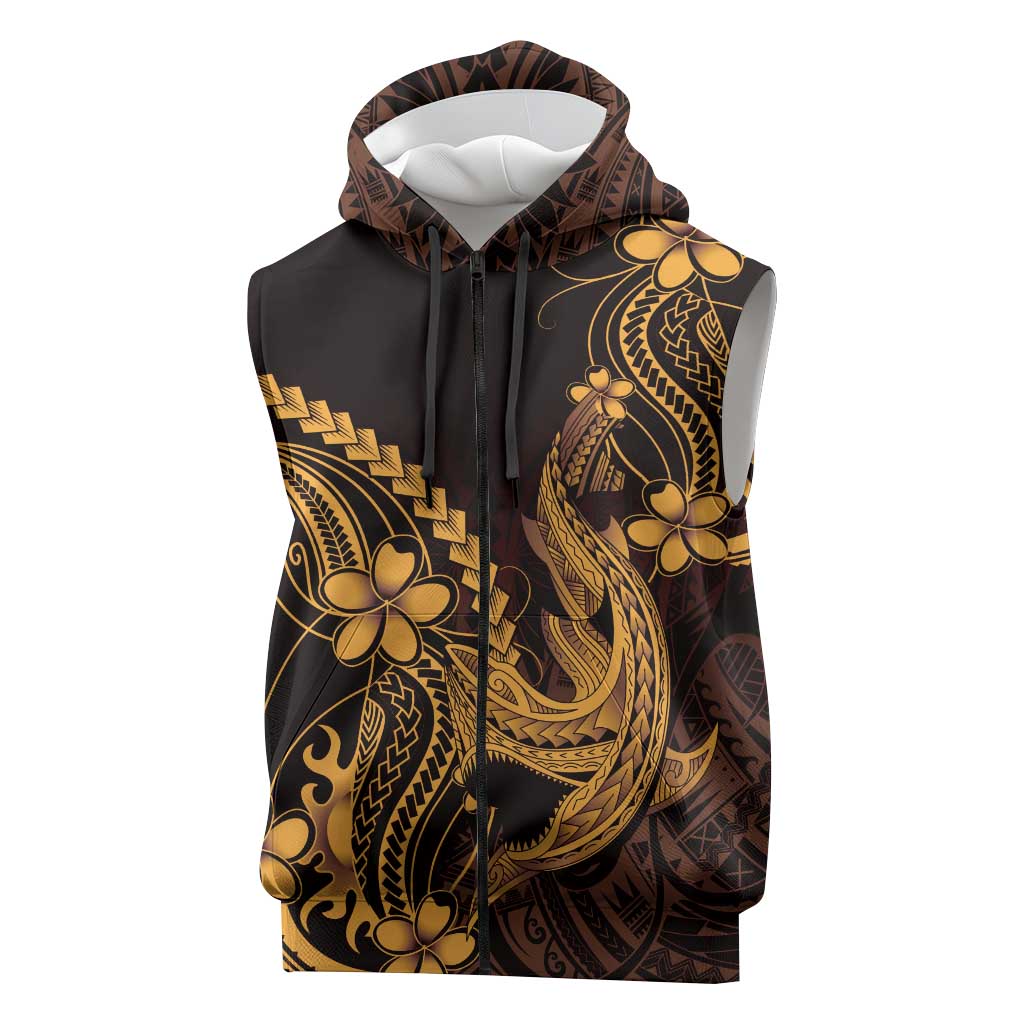 Gold Black Aloha Hawaii Sleeveless Zip Hoodie Polynesian Shark Tattoo With Plumeria - Polynesian Pride