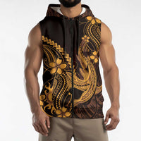 Gold Black Aloha Hawaii Sleeveless Zip Hoodie Polynesian Shark Tattoo With Plumeria - Polynesian Pride
