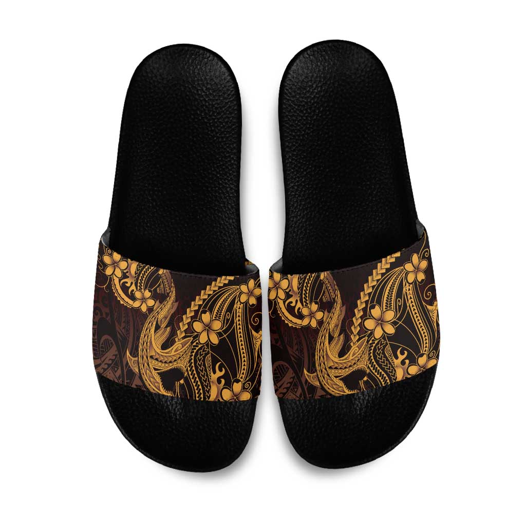 Gold Black Aloha Hawaii Slide Sandals Polynesian Shark Tattoo With Plumeria LT14 Gold - Polynesian Pride