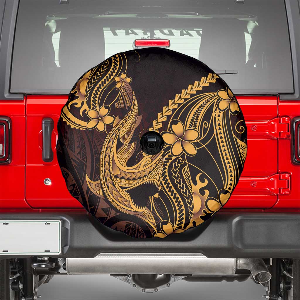 Gold Black Aloha Hawaii Spare Tire Cover Polynesian Shark Tattoo With Plumeria - Polynesian Pride