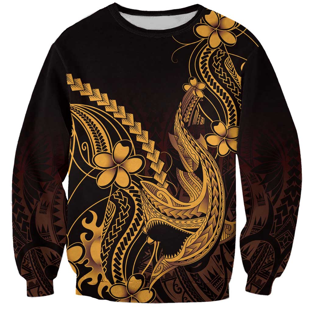 Gold Black Aloha Hawaii Sweatshirt Polynesian Shark Tattoo With Plumeria - Polynesian Pride