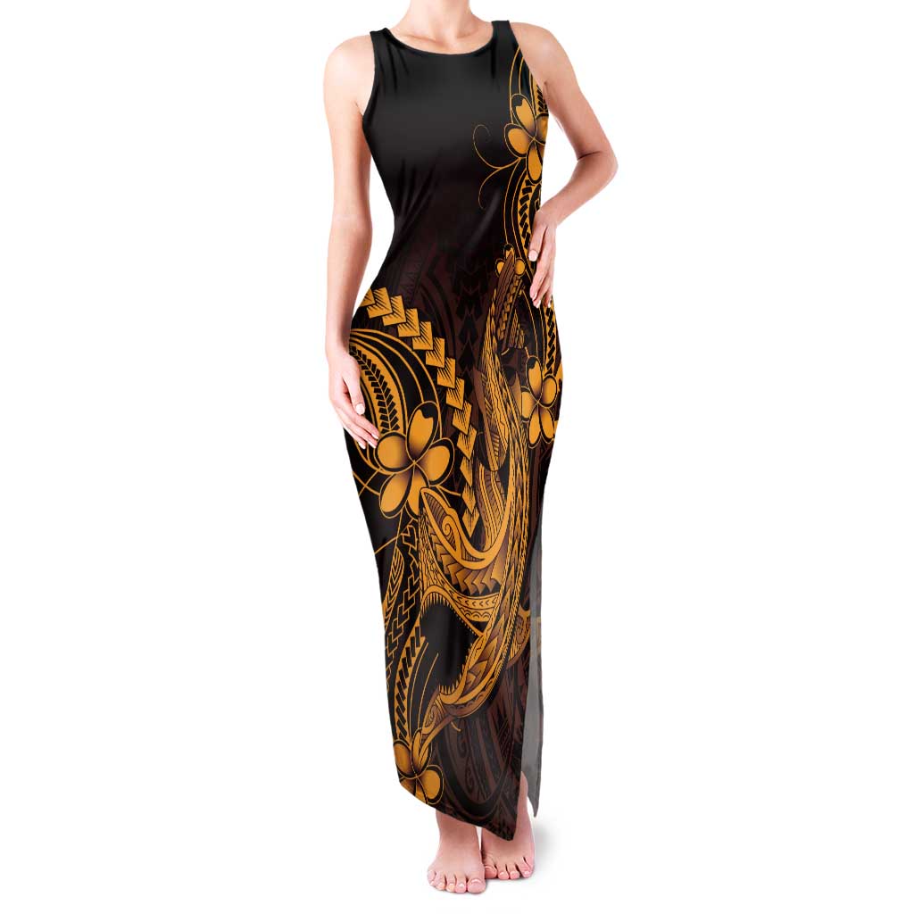 Gold Black Aloha Hawaii Tank Maxi Dress Polynesian Shark Tattoo With Plumeria - Polynesian Pride