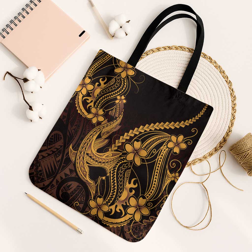 Gold Black Aloha Hawaii Tote Bag Polynesian Shark Tattoo With Plumeria LT14 Black Strap One Size Gold - Polynesian Pride