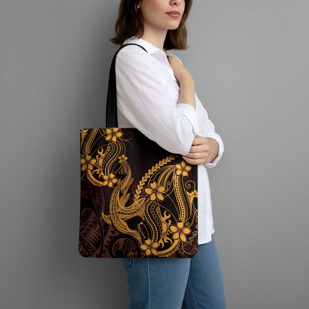 Gold Black Aloha Hawaii Tote Bag Polynesian Shark Tattoo With Plumeria - Polynesian Pride