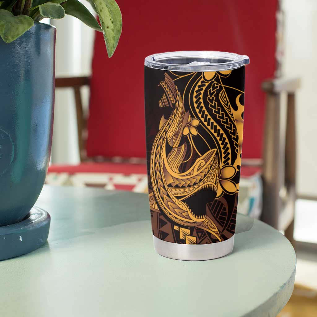 Gold Black Aloha Hawaii Tumbler Cup Polynesian Shark Tattoo With Plumeria - Polynesian Pride