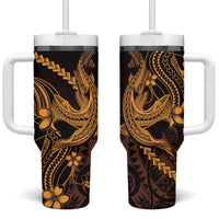 Gold Black Aloha Hawaii Tumbler With Handle Polynesian Shark Tattoo With Plumeria - Polynesian Pride