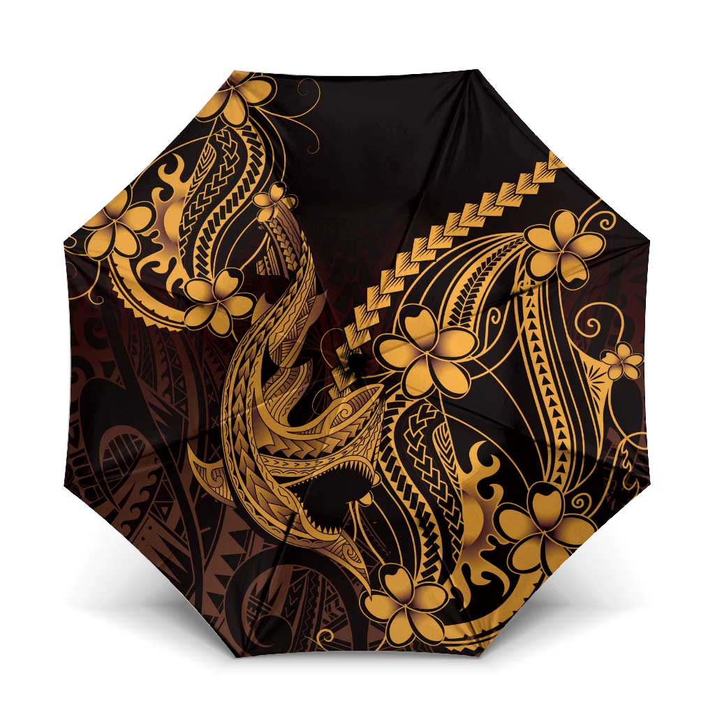 Gold Black Aloha Hawaii Umbrella Polynesian Shark Tattoo With Plumeria LT14 One Size Folded 11.42 inch Opened Diameter 37.4 inch Gold - Polynesian Pride