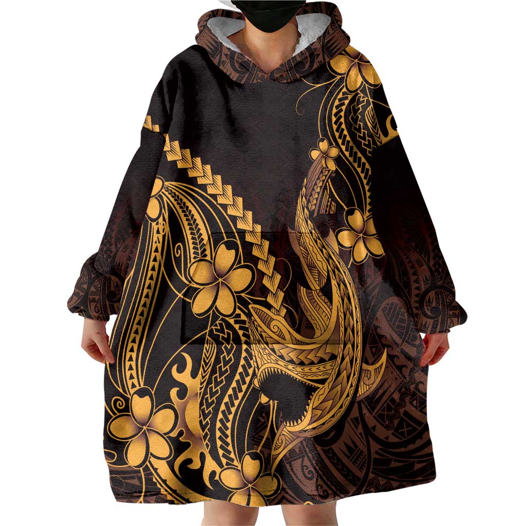 Gold Black Aloha Hawaii Wearable Blanket Hoodie Polynesian Shark Tattoo With Plumeria - Polynesian Pride