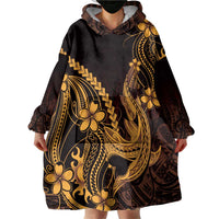 Gold Black Aloha Hawaii Wearable Blanket Hoodie Polynesian Shark Tattoo With Plumeria - Polynesian Pride