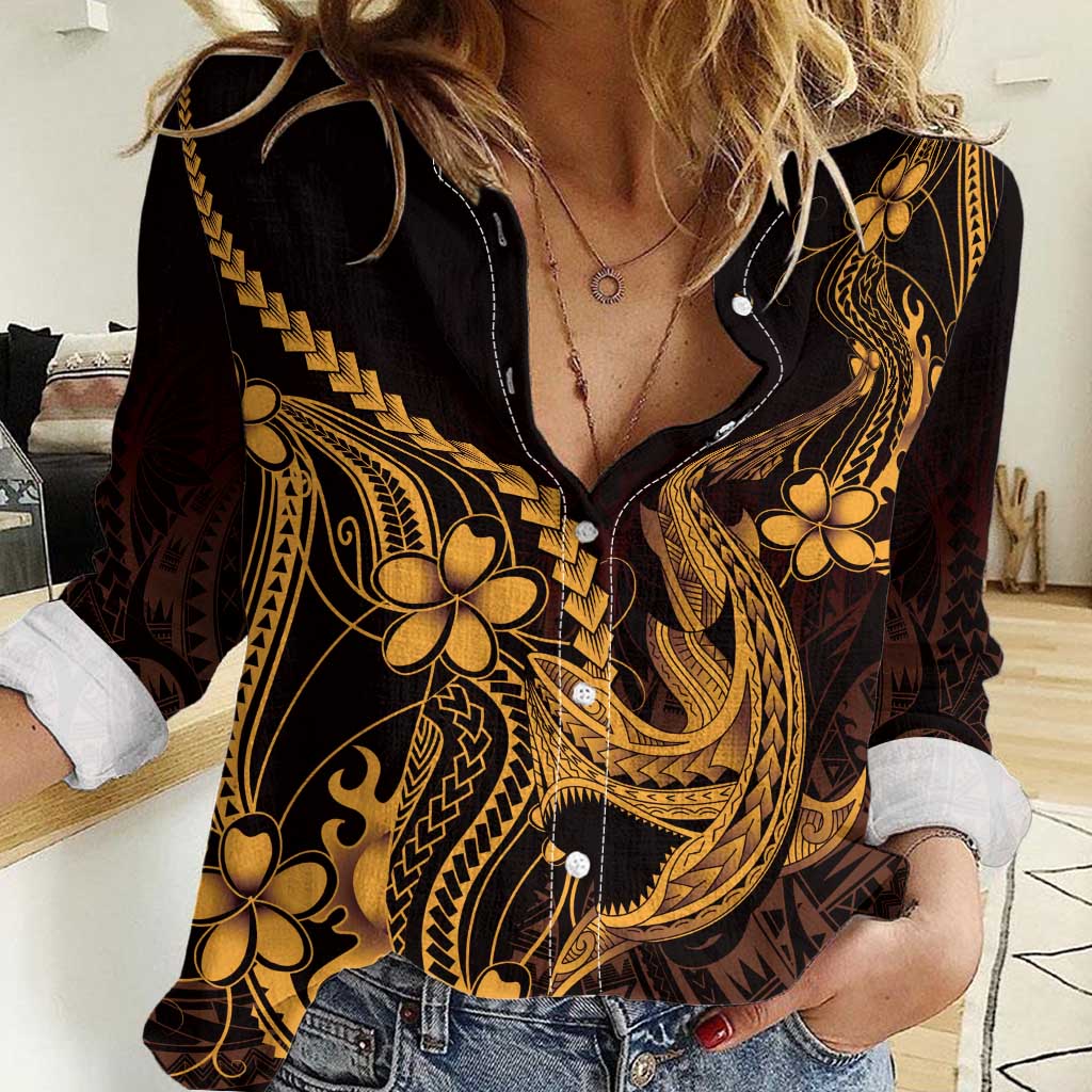 Gold Black Aloha Hawaii Women Casual Shirt Polynesian Shark Tattoo With Plumeria - Polynesian Pride