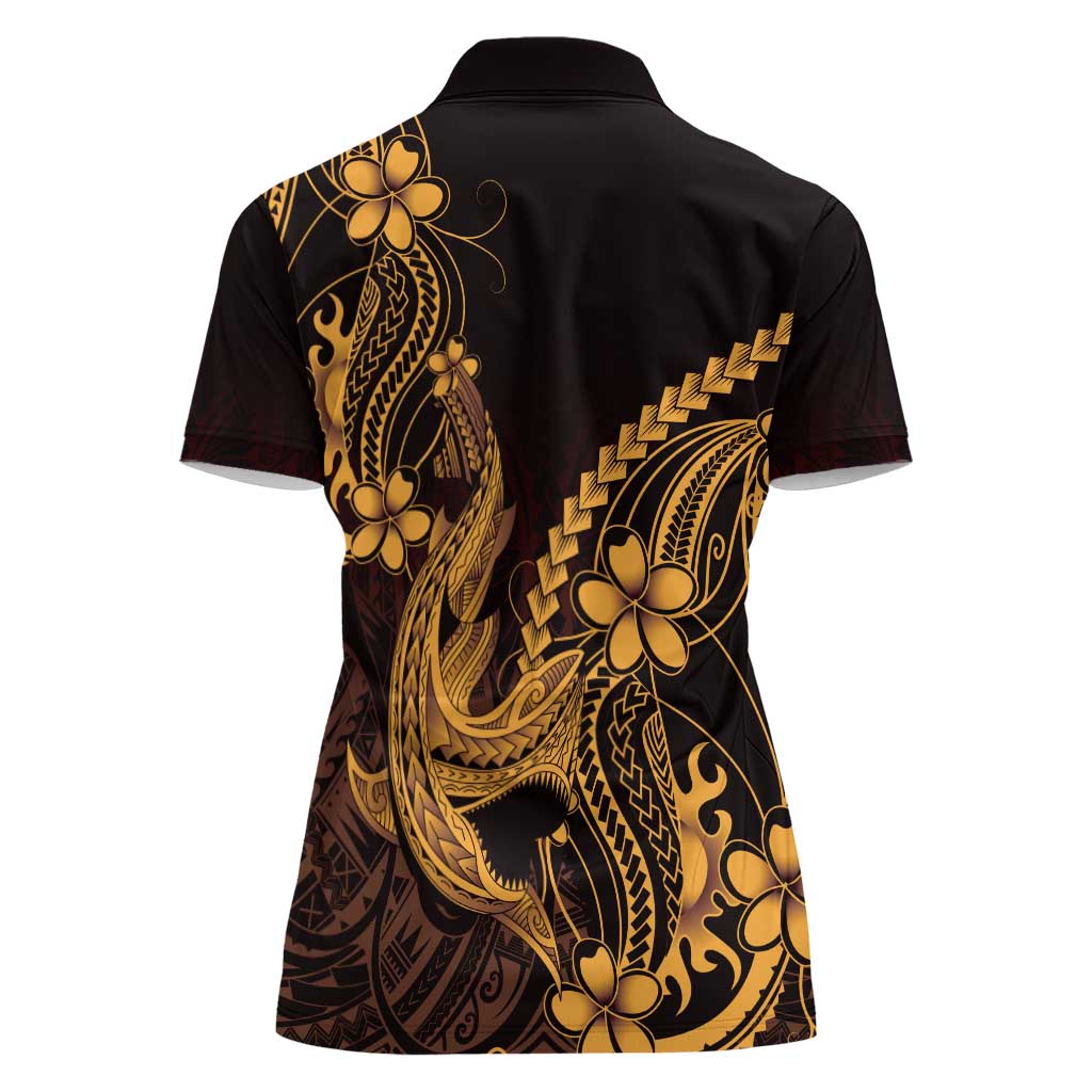Gold Black Aloha Hawaii Women Polo Shirt Polynesian Shark Tattoo With Plumeria - Polynesian Pride