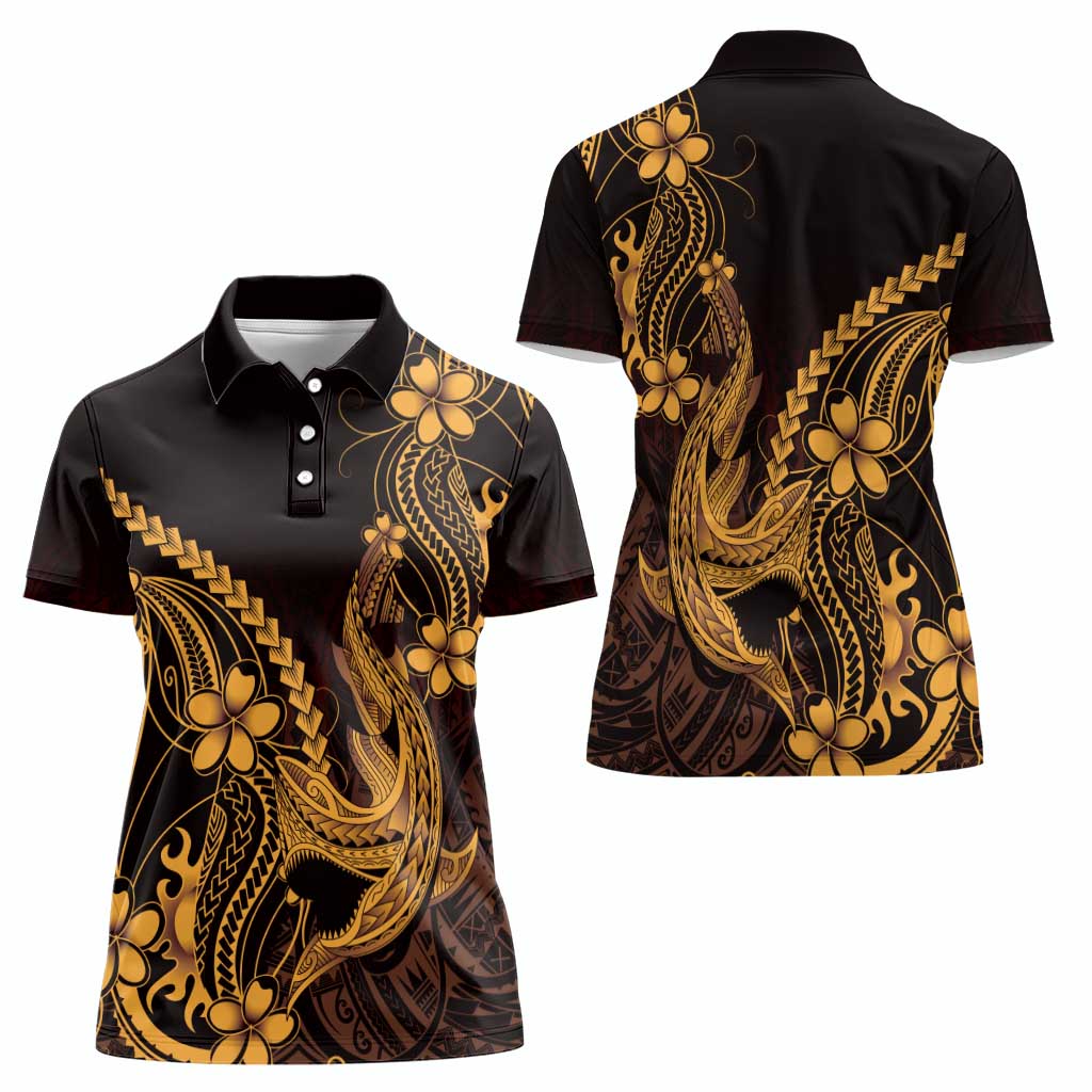 Gold Black Aloha Hawaii Women Polo Shirt Polynesian Shark Tattoo With Plumeria - Polynesian Pride