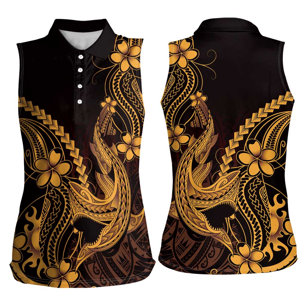 Gold Black Aloha Hawaii Women Sleeveless Polo Shirt Polynesian Shark Tattoo With Plumeria - Polynesian Pride