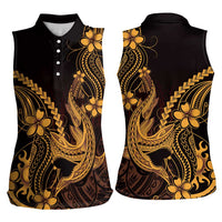 Gold Black Aloha Hawaii Women Sleeveless Polo Shirt Polynesian Shark Tattoo With Plumeria - Polynesian Pride