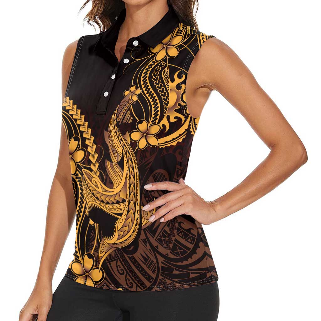 Gold Black Aloha Hawaii Women Sleeveless Polo Shirt Polynesian Shark Tattoo With Plumeria - Polynesian Pride