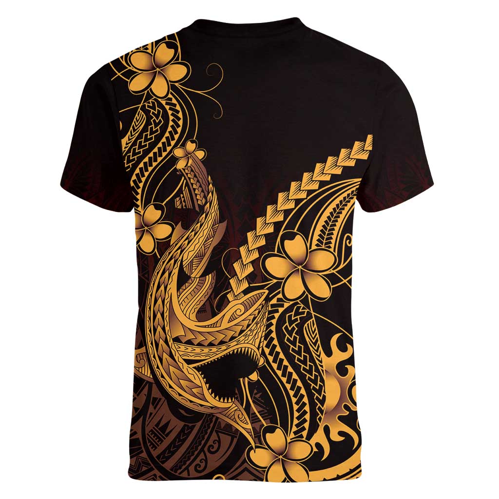 Gold Black Aloha Hawaii Women V-Neck T-Shirt Polynesian Shark Tattoo With Plumeria - Polynesian Pride