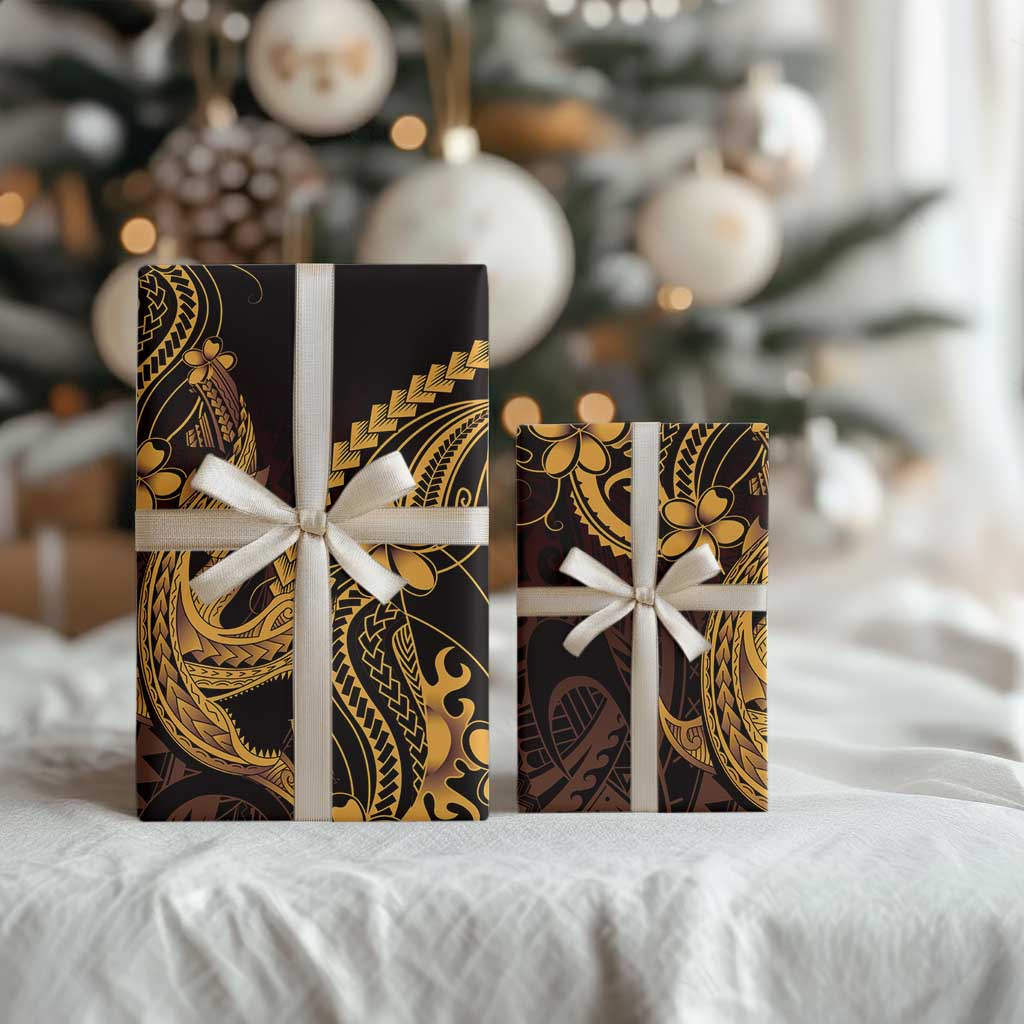 Gold Black Aloha Hawaii Wrapping Paper Polynesian Shark Tattoo With Plumeria - Polynesian Pride