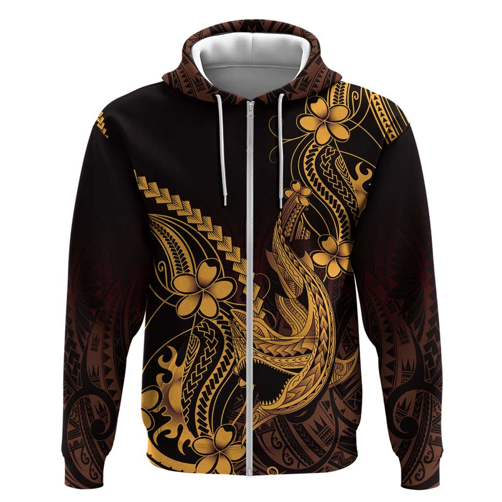 Gold Black Aloha Hawaii Zip Hoodie Polynesian Shark Tattoo With Plumeria LT14 Zip Hoodie Gold - Polynesian Pride