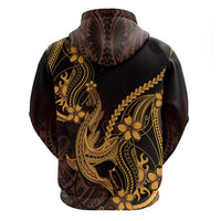 Gold Black Aloha Hawaii Zip Hoodie Polynesian Shark Tattoo With Plumeria - Polynesian Pride