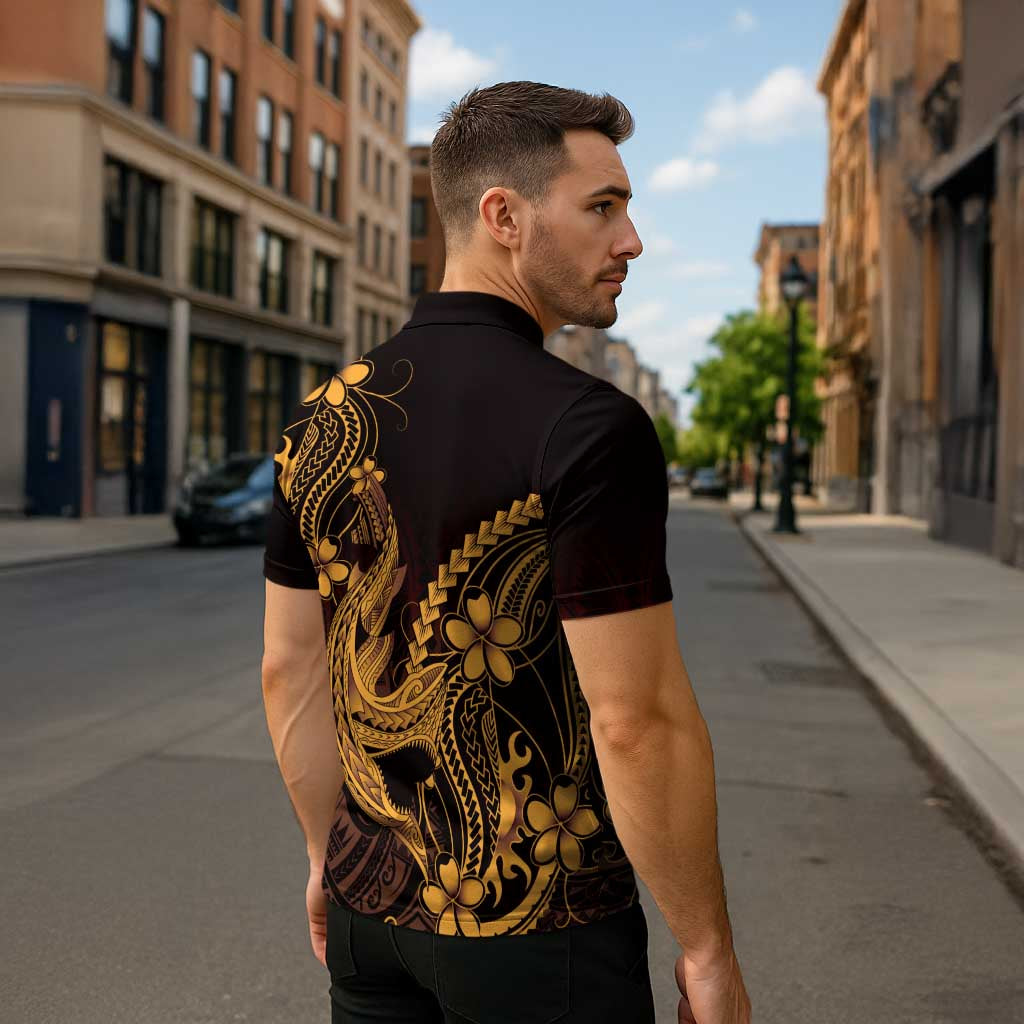 Gold Black Aloha Hawaii Zipper Polo Shirt Polynesian Shark Tattoo With Plumeria - Polynesian Pride