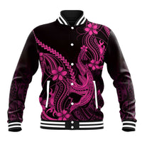 Pink Black Aloha Hawaii Baseball Jacket Polynesian Shark Tattoo With Plumeria - Polynesian Pride