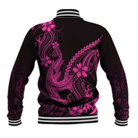Pink Black Aloha Hawaii Baseball Jacket Polynesian Shark Tattoo With Plumeria - Polynesian Pride