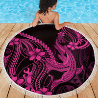 Pink Black Aloha Hawaii Beach Blanket Polynesian Shark Tattoo With Plumeria - Polynesian Pride