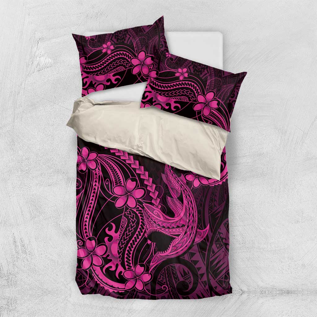 Pink Black Aloha Hawaii Bedding Set Polynesian Shark Tattoo With Plumeria - Polynesian Pride
