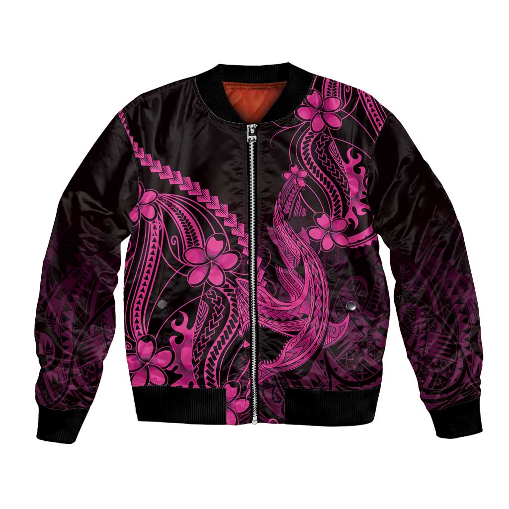 Pink Black Aloha Hawaii Bomber Jacket Polynesian Shark Tattoo With Plumeria LT14 Unisex Pink - Polynesian Pride
