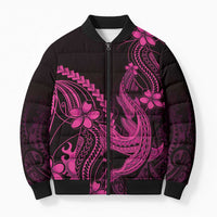 Pink Black Aloha Hawaii Bomber Puffer Jacket Polynesian Shark Tattoo With Plumeria - Polynesian Pride