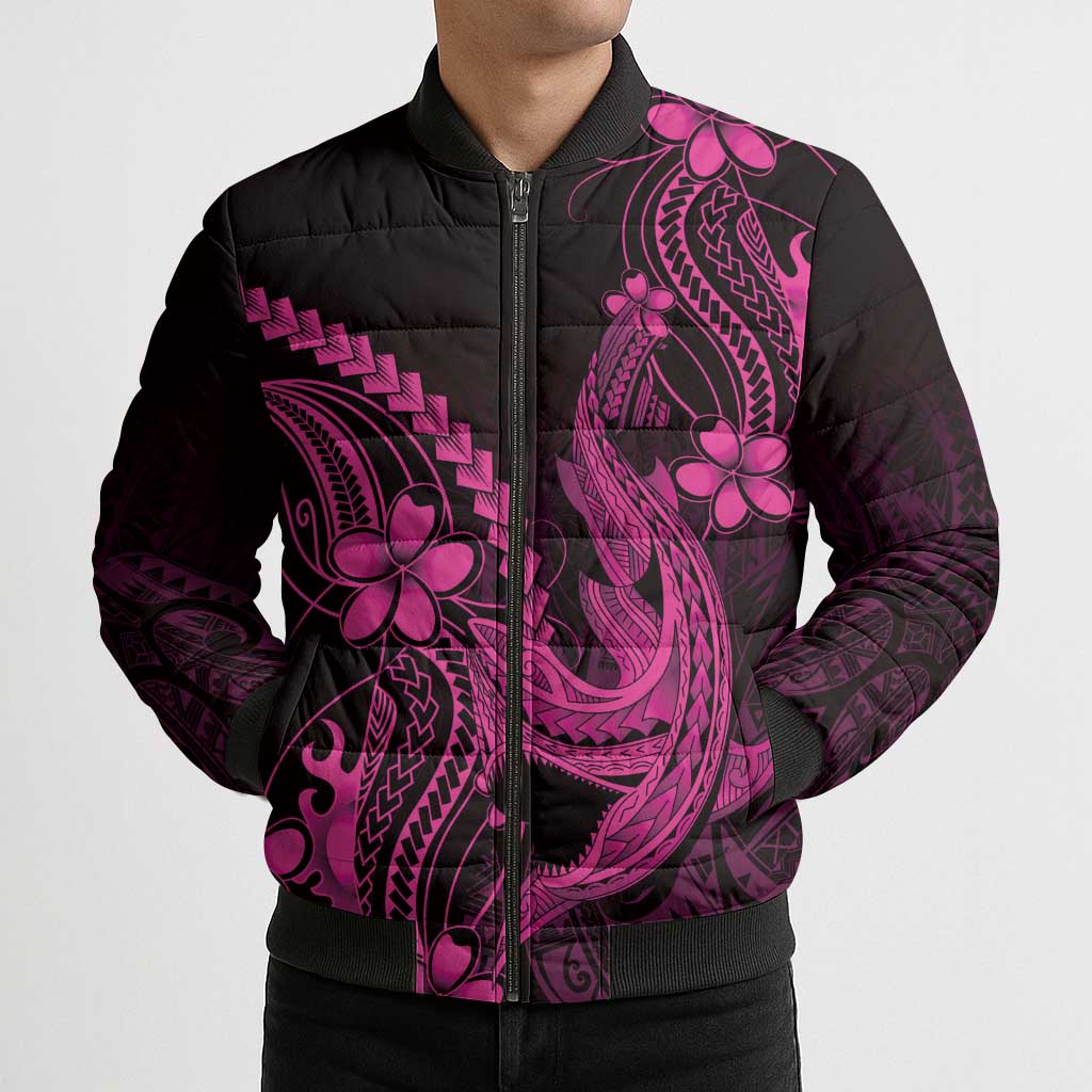 Pink Black Aloha Hawaii Bomber Puffer Jacket Polynesian Shark Tattoo With Plumeria - Polynesian Pride