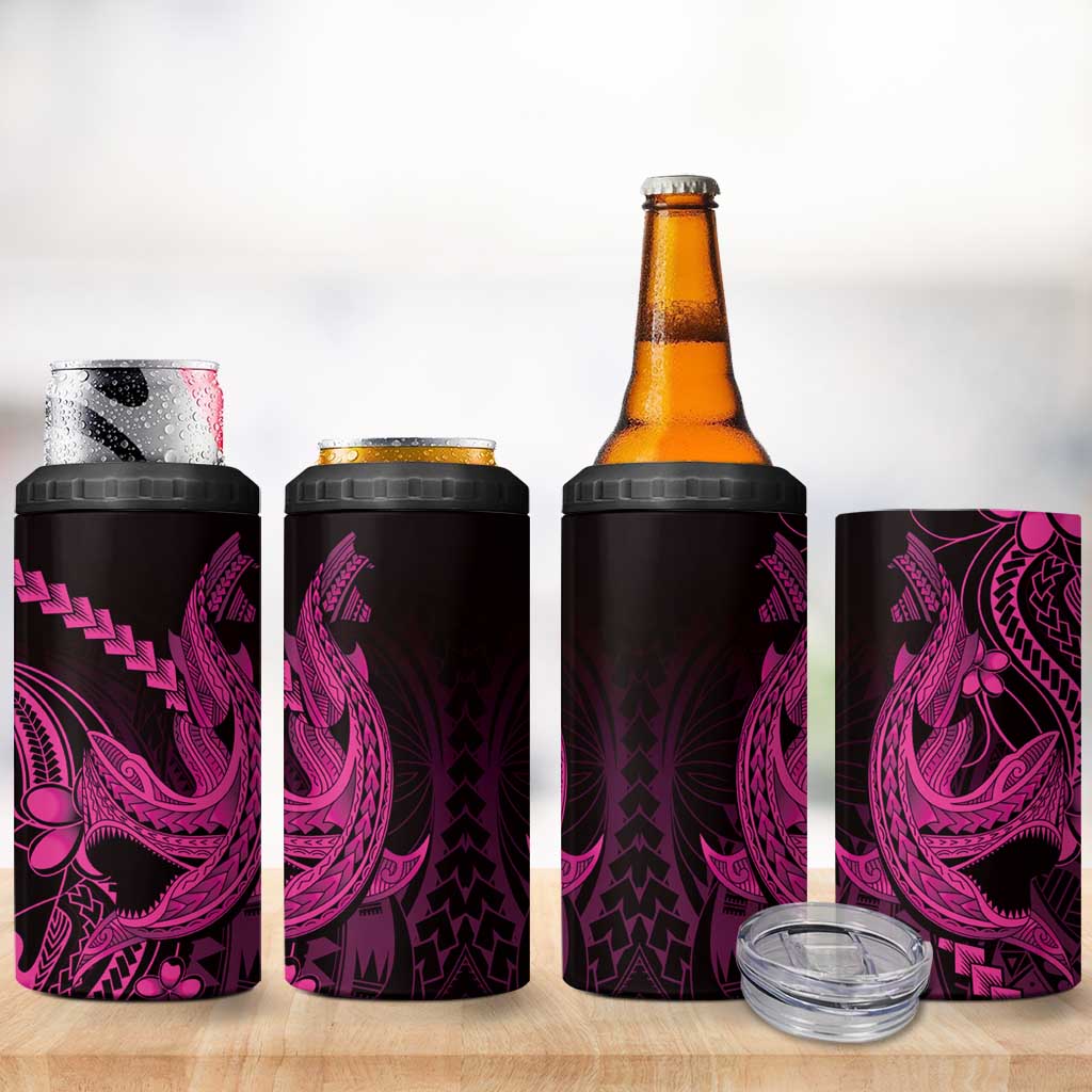 Pink Black Aloha Hawaii 4 in 1 Can Cooler Tumbler Polynesian Shark Tattoo With Plumeria - Polynesian Pride