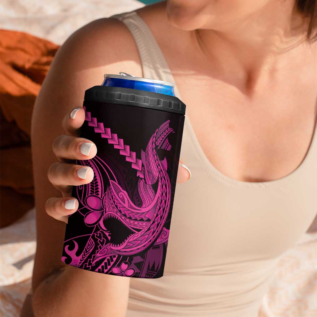 Pink Black Aloha Hawaii 4 in 1 Can Cooler Tumbler Polynesian Shark Tattoo With Plumeria - Polynesian Pride