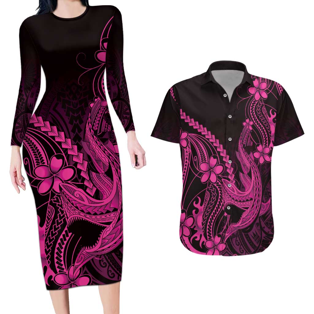 Pink Black Aloha Hawaii Couples Matching Long Sleeve Bodycon Dress and Hawaiian Shirt Polynesian Shark Tattoo With Plumeria LT14 Pink - Polynesian Pride
