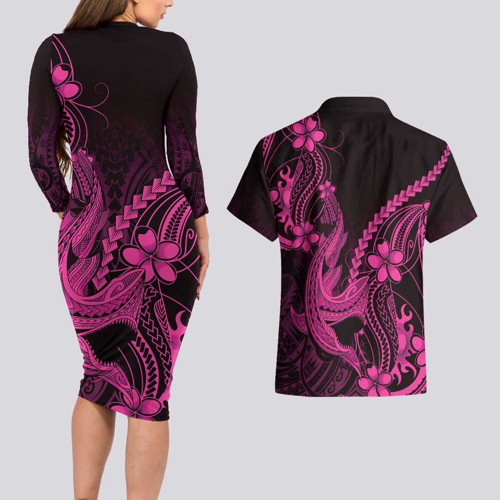Pink Black Aloha Hawaii Couples Matching Long Sleeve Bodycon Dress and Hawaiian Shirt Polynesian Shark Tattoo With Plumeria - Polynesian Pride