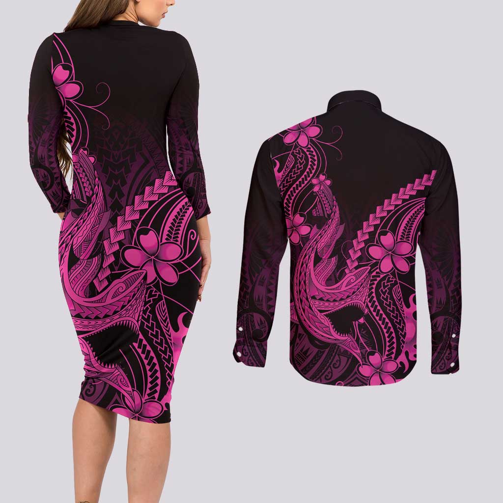 Pink Black Aloha Hawaii Couples Matching Long Sleeve Bodycon Dress and Long Sleeve Button Shirt Polynesian Shark Tattoo With Plumeria - Polynesian Pride