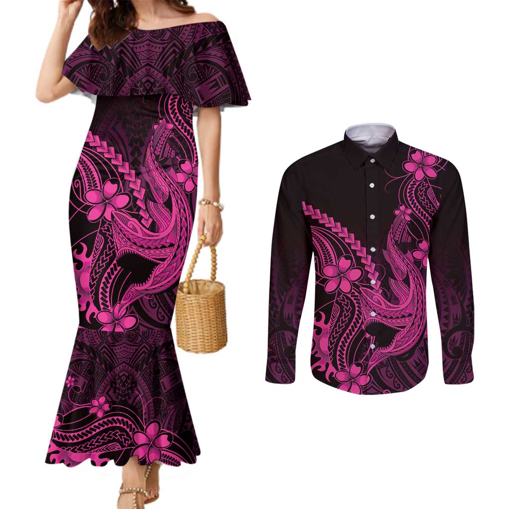 Pink Black Aloha Hawaii Couples Matching Mermaid Dress and Long Sleeve Button Shirt Polynesian Shark Tattoo With Plumeria LT14 Pink - Polynesian Pride