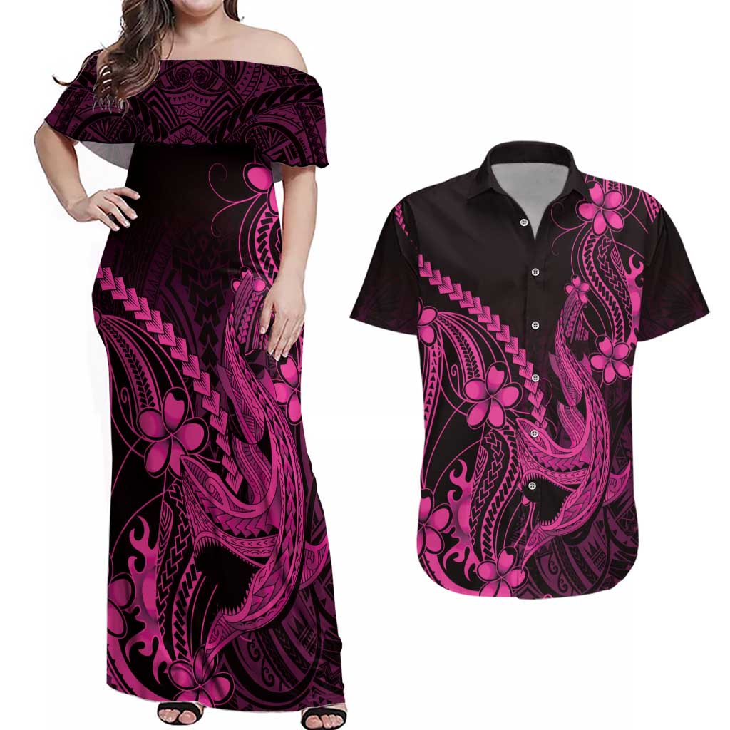 Pink Black Aloha Hawaii Couples Matching Off Shoulder Maxi Dress and Hawaiian Shirt Polynesian Shark Tattoo With Plumeria LT14 Pink - Polynesian Pride