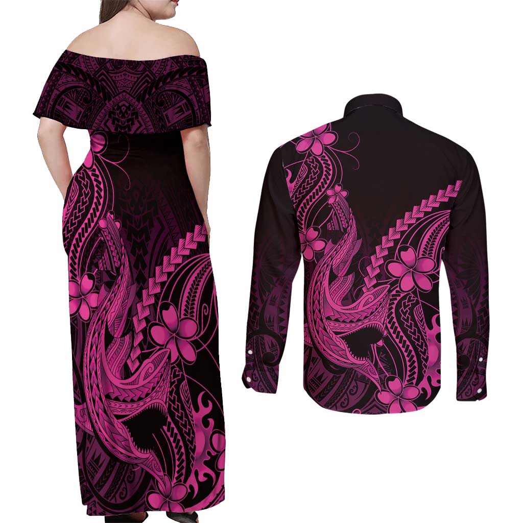 Pink Black Aloha Hawaii Couples Matching Off Shoulder Maxi Dress and Long Sleeve Button Shirt Polynesian Shark Tattoo With Plumeria - Polynesian Pride