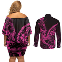 Pink Black Aloha Hawaii Couples Matching Off Shoulder Short Dress and Long Sleeve Button Shirt Polynesian Shark Tattoo With Plumeria - Polynesian Pride