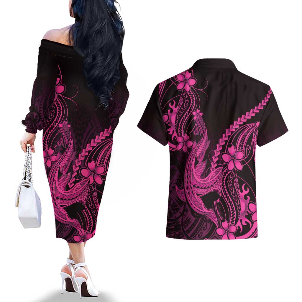 Pink Black Aloha Hawaii Couples Matching Off The Shoulder Long Sleeve Dress and Hawaiian Shirt Polynesian Shark Tattoo With Plumeria - Polynesian Pride