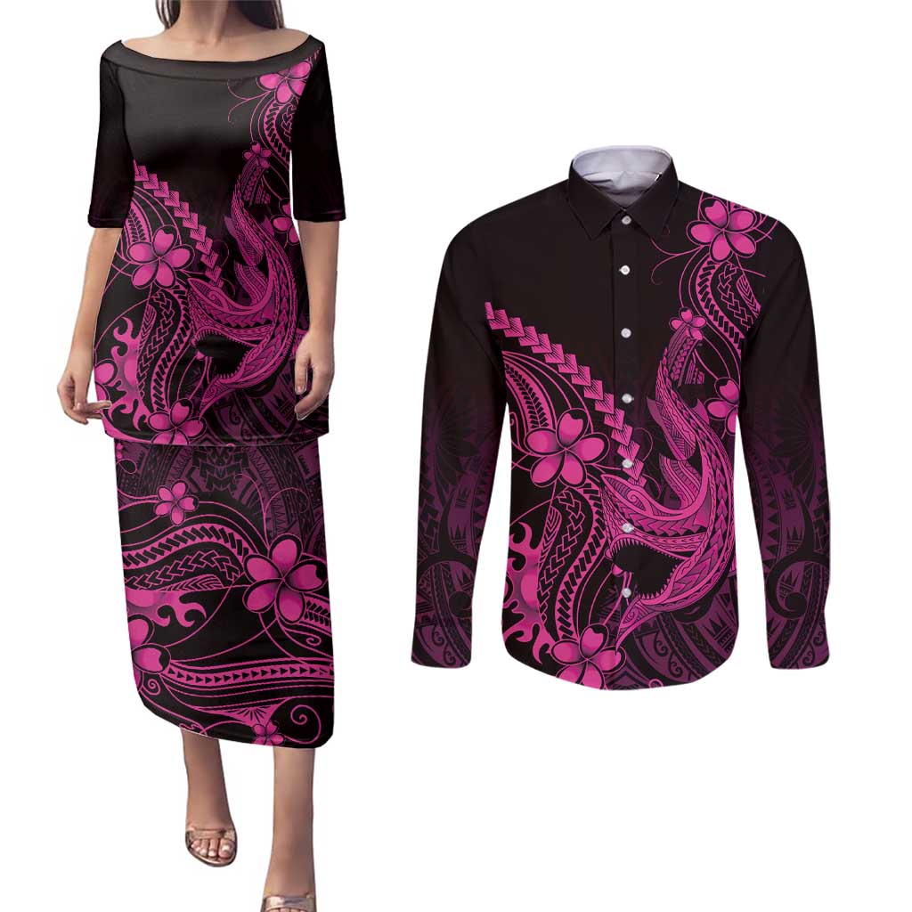 Pink Black Aloha Hawaii Couples Matching Puletasi and Long Sleeve Button Shirt Polynesian Shark Tattoo With Plumeria - Polynesian Pride