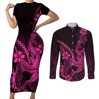 Pink Black Aloha Hawaii Couples Matching Short Sleeve Bodycon Dress and Long Sleeve Button Shirt Polynesian Shark Tattoo With Plumeria - Polynesian Pride