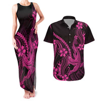 Pink Black Aloha Hawaii Couples Matching Tank Maxi Dress and Hawaiian Shirt Polynesian Shark Tattoo With Plumeria - Polynesian Pride