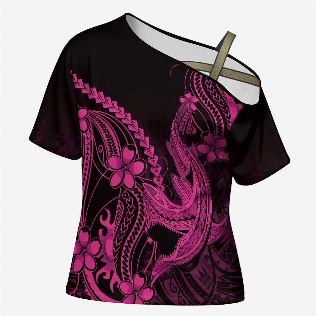 Pink Black Aloha Hawaii Cross Shoulder Shirt Polynesian Shark Tattoo With Plumeria - Polynesian Pride