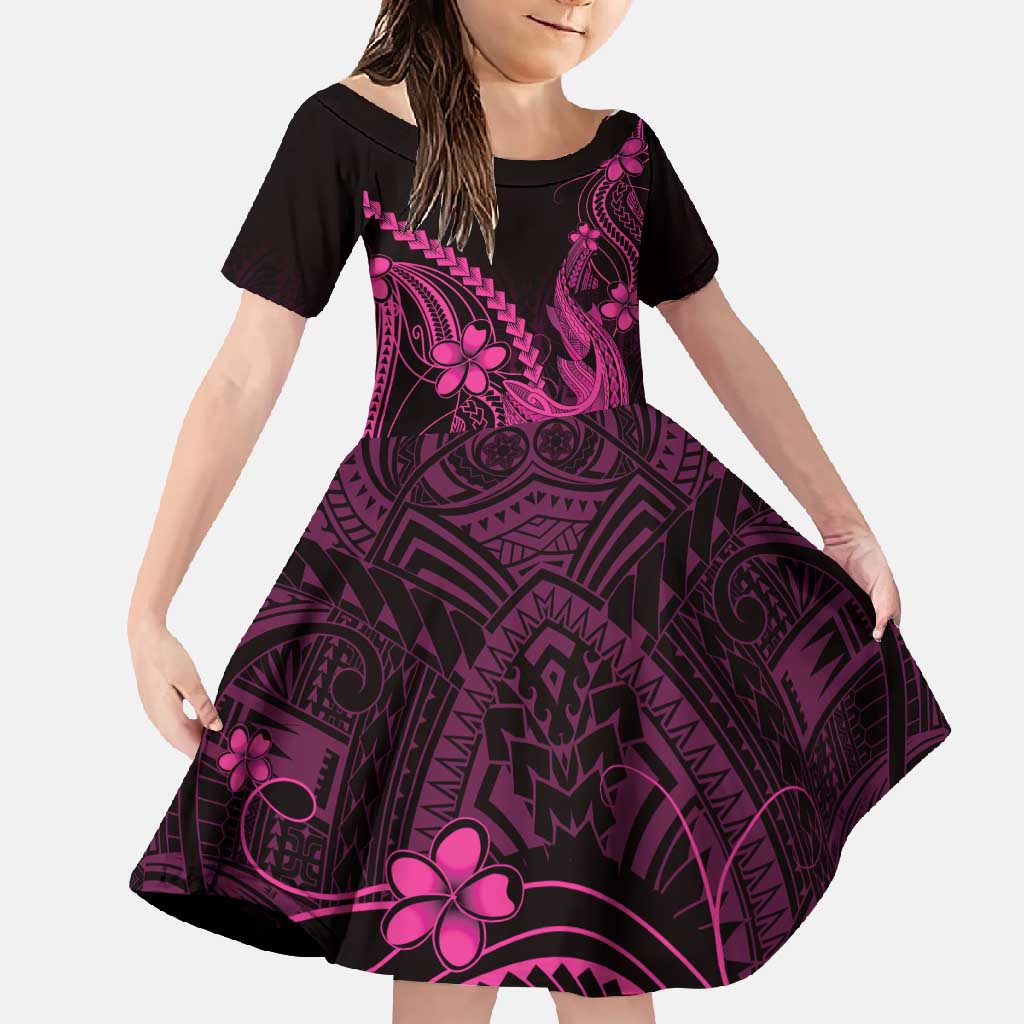 Pink Black Aloha Hawaii Family Matching Long Sleeve Bodycon Dress and Hawaiian Shirt Polynesian Shark Tattoo With Plumeria - Polynesian Pride