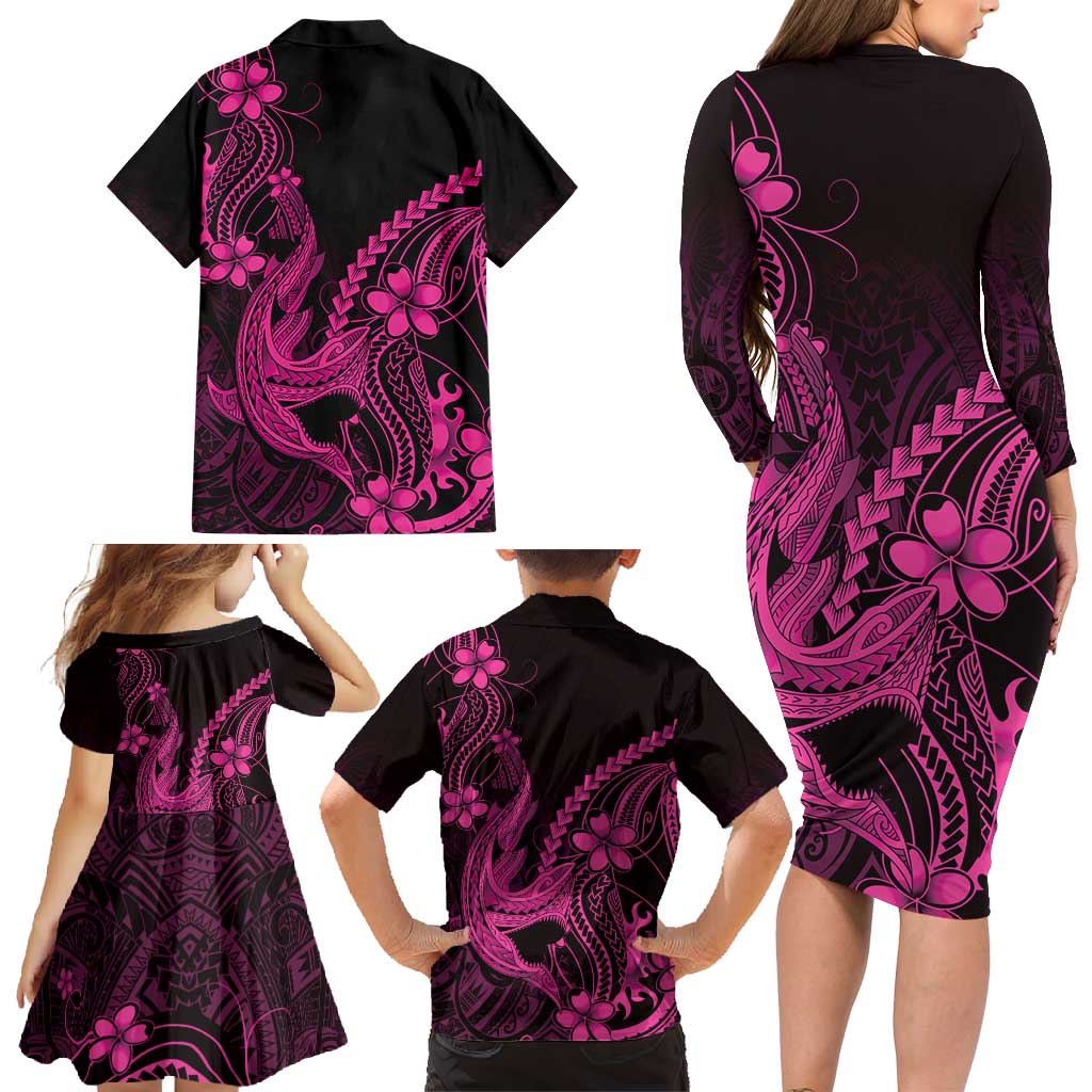 Pink Black Aloha Hawaii Family Matching Long Sleeve Bodycon Dress and Hawaiian Shirt Polynesian Shark Tattoo With Plumeria - Polynesian Pride