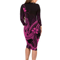 Pink Black Aloha Hawaii Family Matching Long Sleeve Bodycon Dress and Hawaiian Shirt Polynesian Shark Tattoo With Plumeria - Polynesian Pride