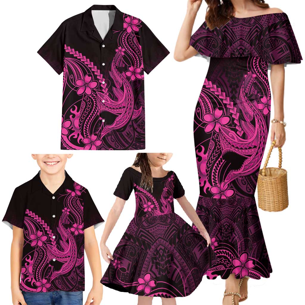 Pink Black Aloha Hawaii Family Matching Mermaid Dress and Hawaiian Shirt Polynesian Shark Tattoo With Plumeria - Polynesian Pride